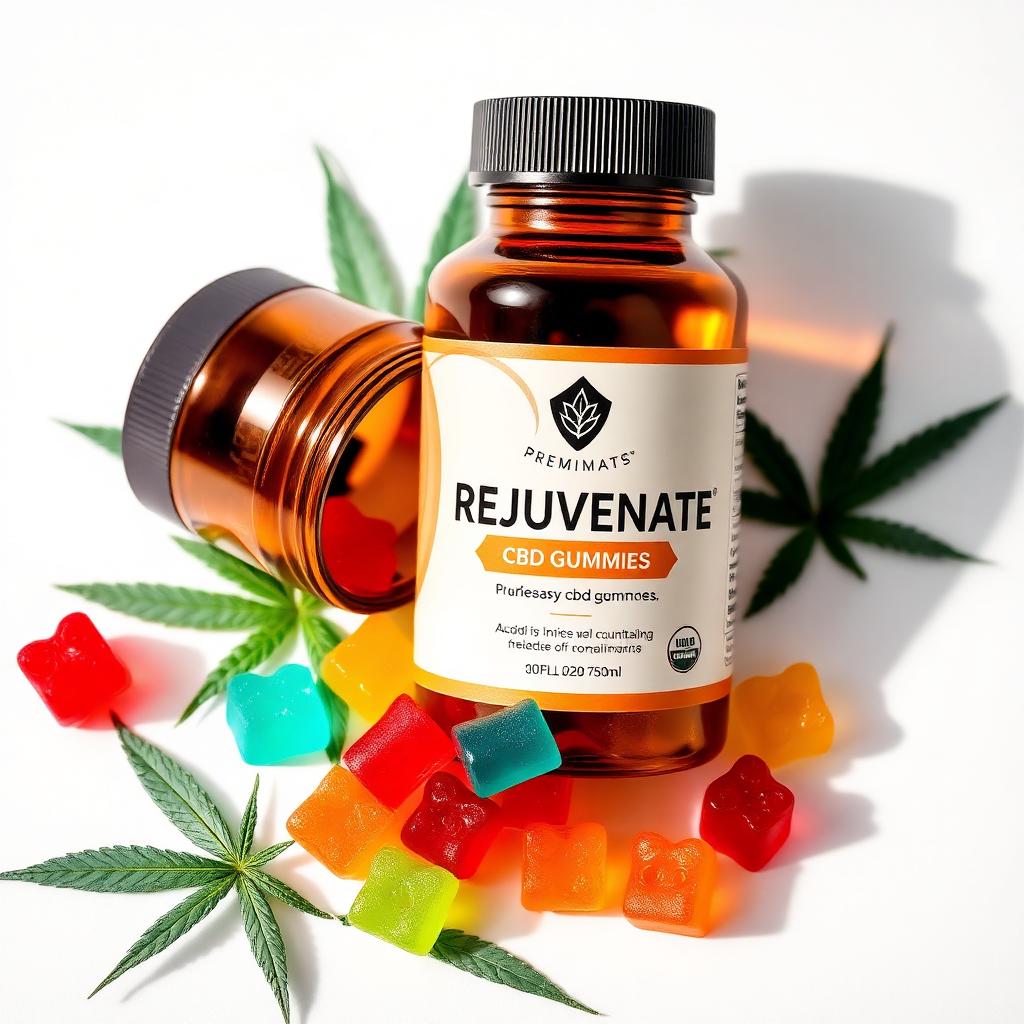 Rejuvenate CBD Gummies bottle with colorful gummies